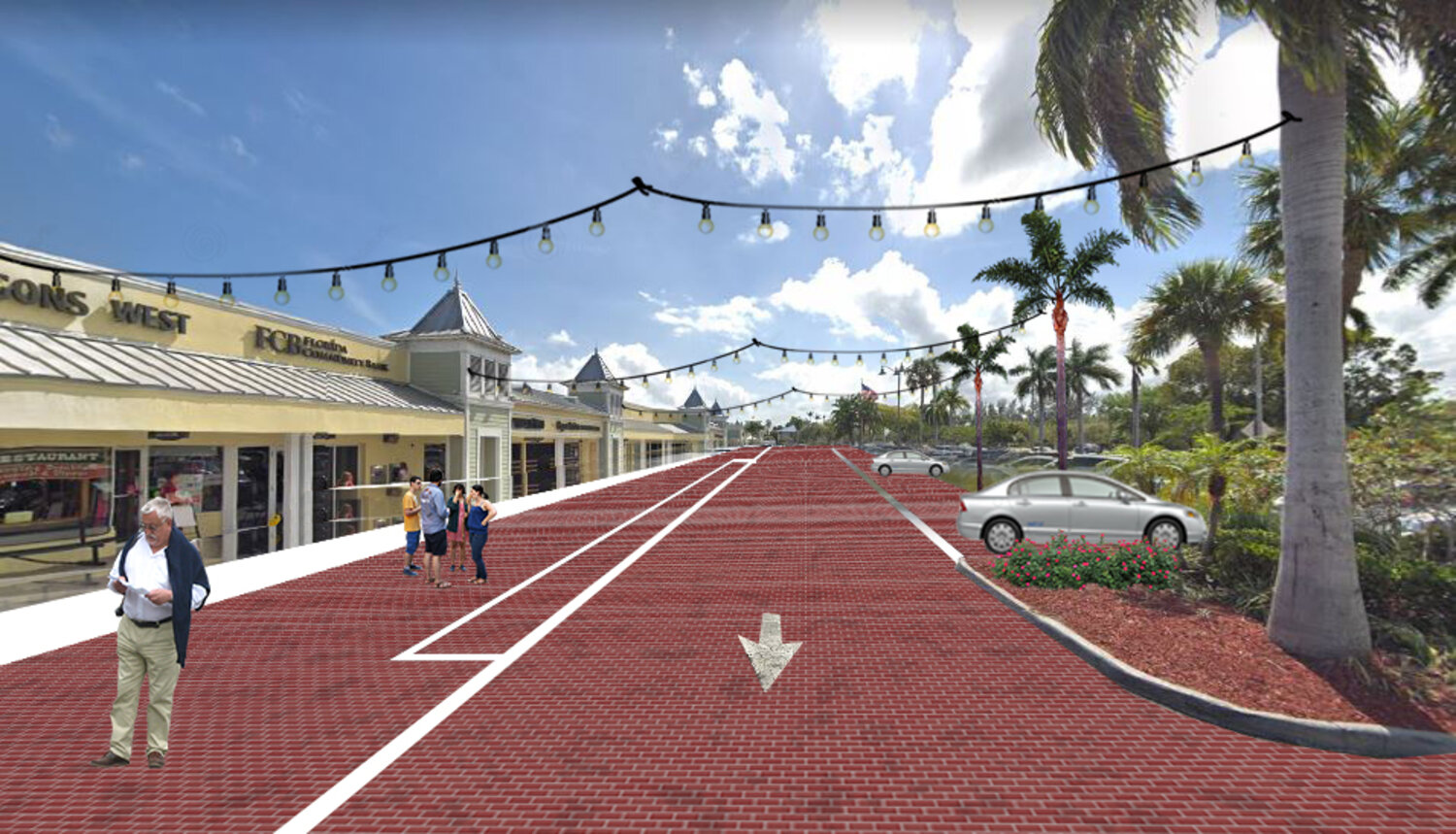 Concept: a plaza retrofit with red-paver promenade, string lights, and outdoor dining on the US-1 corridor. BusinessFlare®.